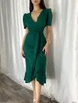 Kadın Kruvaze Yaka Midi Boy Kuşaklı Krep Elbise 120 Cm-4