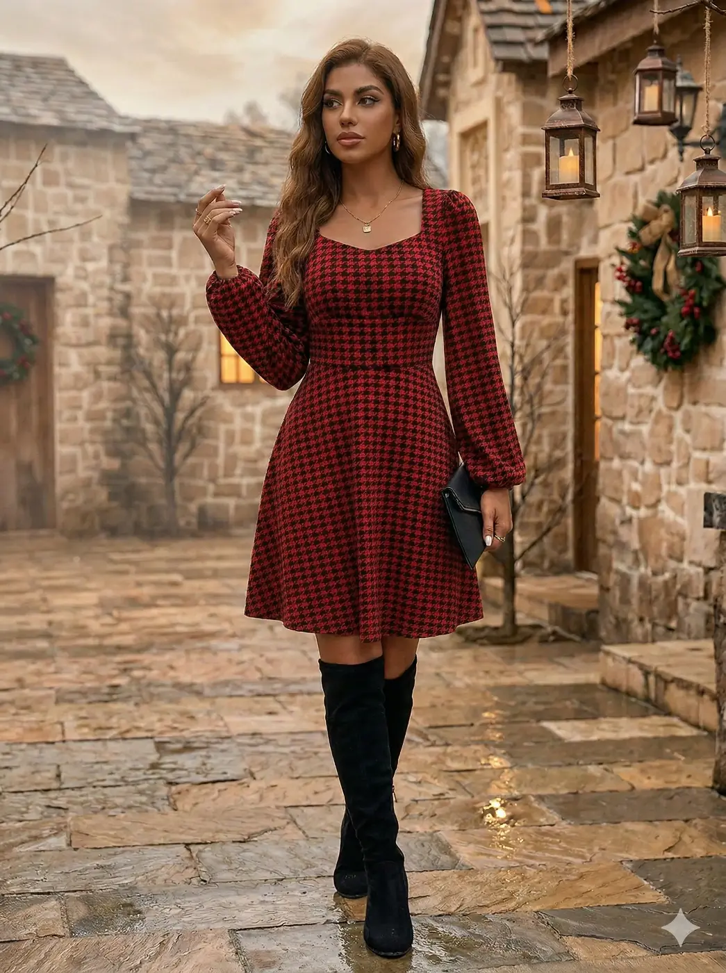 Kadın Uzun Kollu Kare Kalp Yakalı Mini Modal Elbise