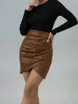 Kadın Yüksek Bel Yandan Fermuarlı Pileli Mini Deri Etek-3