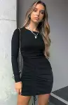 Kadın Uzun Kollu Bisiklet Yaka ön Büzgülü Kaşkorse Elbise-4