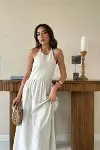 Bej Arkası Gipeli Keten Elbise-3