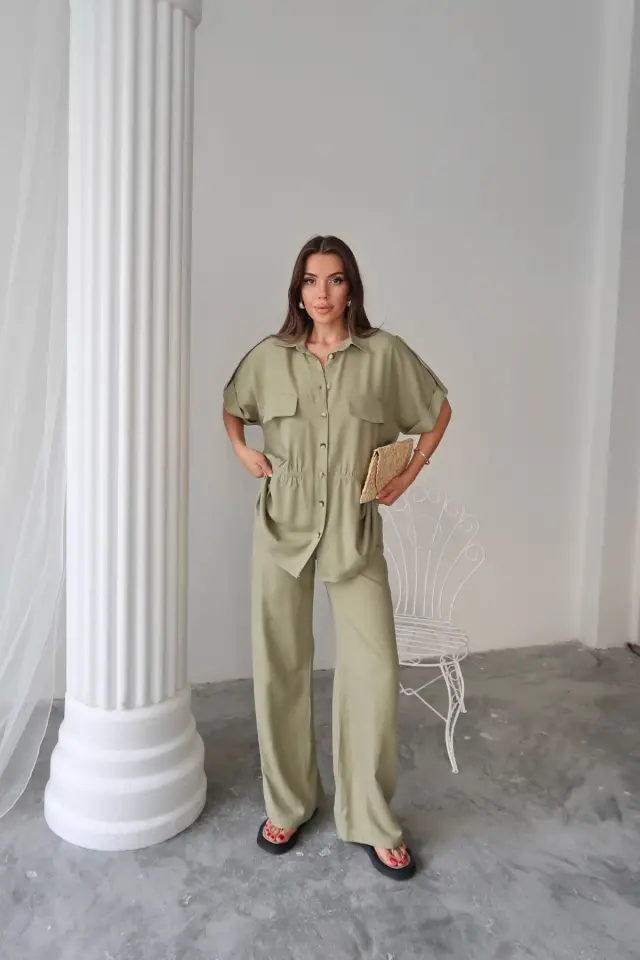 KETEN BELDEN BÜZGÜ DETAYLI GÖMLEK - PANTOLON TAKIM - Yeşil-4