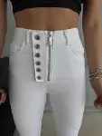 DÜĞME VE FERMUARLI KOT PANTOLON - Beyaz-2