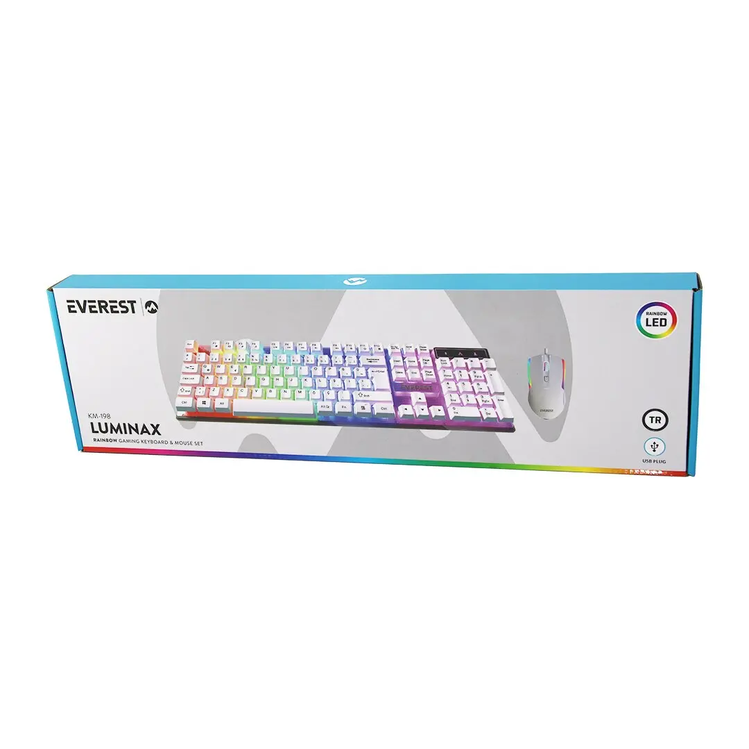 BEYAZ GÖKKUŞAĞI IŞIKLI USB KABLOLU OYUNCU KLAVYE - MOUSE SET (4745)