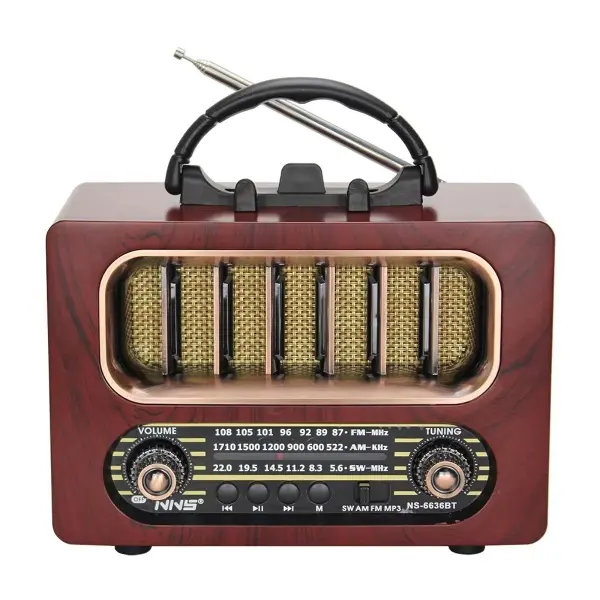 Orta Boy Retro Ahşap Tasarım Bluetooth Hoparlörlü Radyo – FM/AM Destekli, Şarjlı ve Taşınabiliri Radyo NS-6636 (4745)