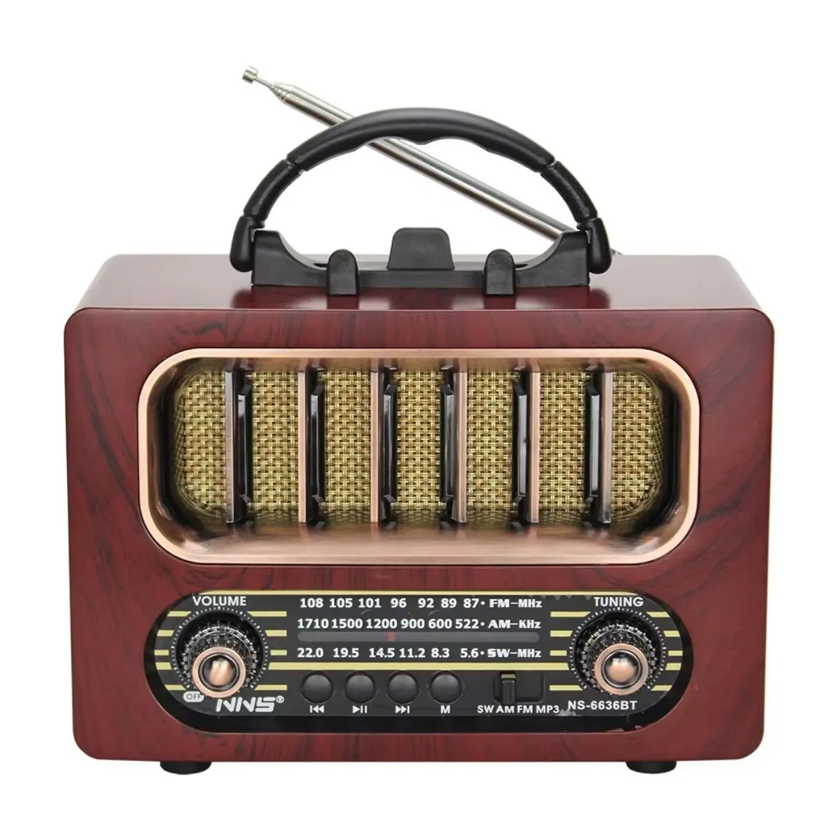 Orta Boy Retro Ahşap Tasarım Bluetooth Hoparlörlü Radyo – FM/AM Destekli, Şarjlı ve Taşınabiliri Radyo NS-6636 (4745)