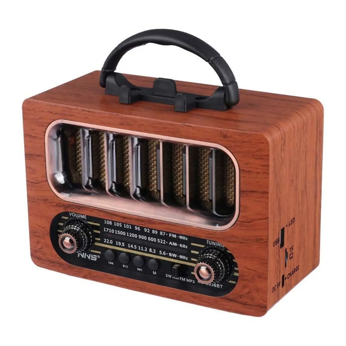 Orta Boy Retro Ahşap Tasarım Bluetooth Hoparlörlü Radyo – FM/AM Destekli, Şarjlı ve Taşınabiliri Radyo NS-6636 (4745)-2