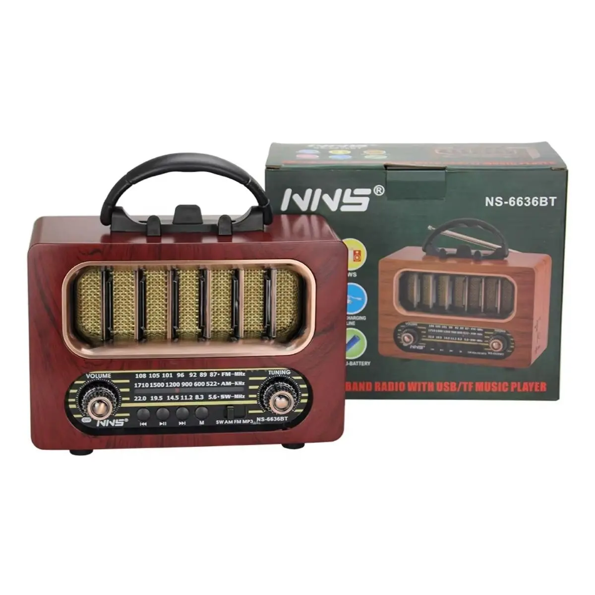 Orta Boy Retro Ahşap Tasarım Bluetooth Hoparlörlü Radyo – FM/AM Destekli, Şarjlı ve Taşınabiliri Radyo NS-6636 (4745)-3