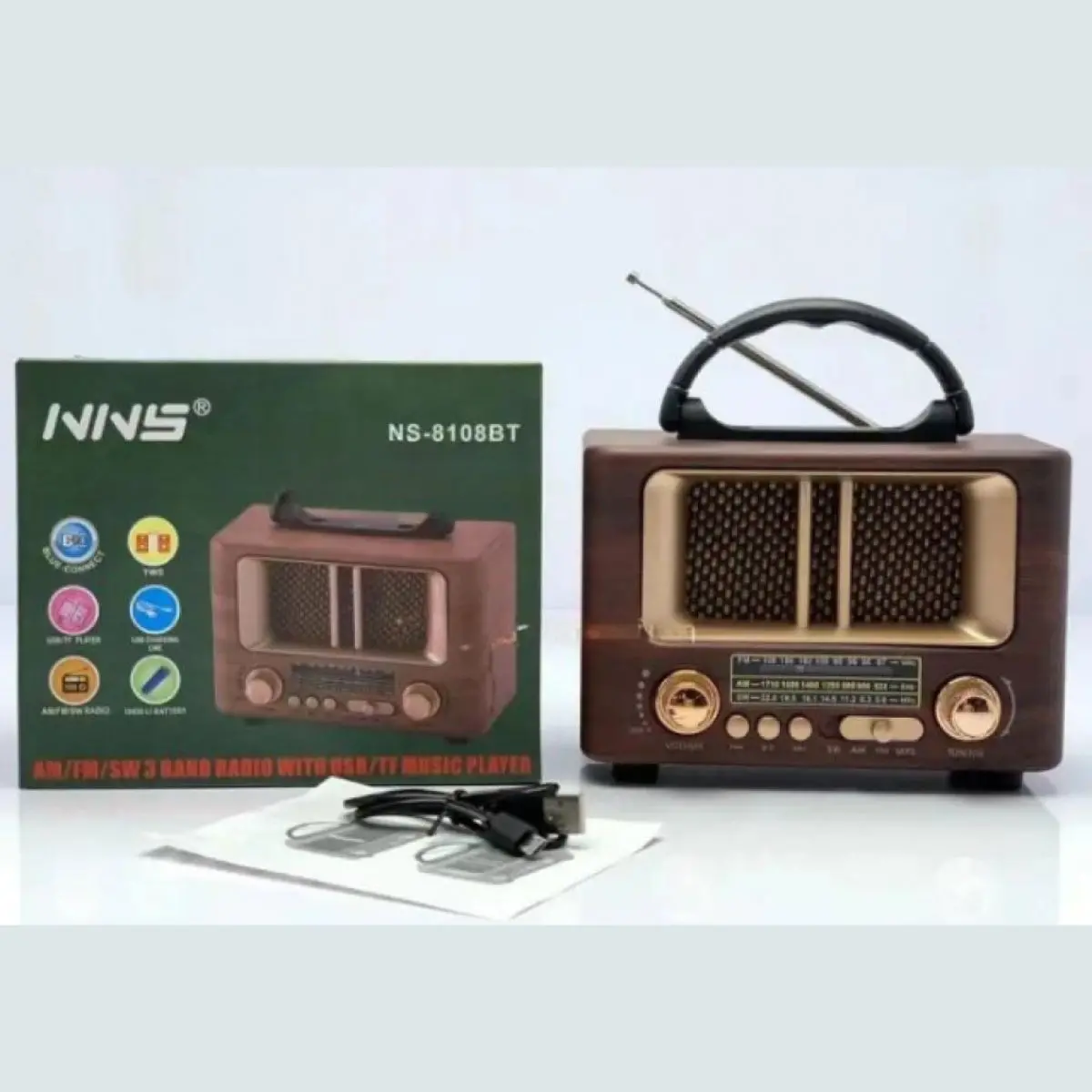 Küçük Mini Boy Retro Ahşap Tasarım Bluetooth Hoparlörlü Radyo – FM/AM Destekli, Şarjlı ve Taşınabilir Radyo NS-8108 (4745)-4