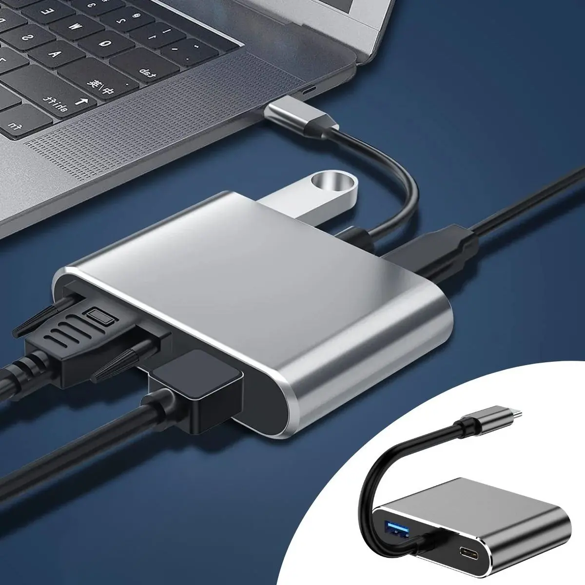 4’ü 1 Arada Type-C to Hub Dönüştürücü Adaptör – 4K Ultra HD HDMI & VGA Görüntü Aktarımı, PD Hızlı Şarj Destekli, USB Çoklayıcı (4745)