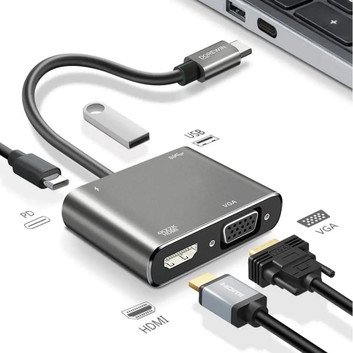4’ü 1 Arada Type-C to Hub Dönüştürücü Adaptör – 4K Ultra HD HDMI &amp;amp; VGA Görüntü Aktarımı, PD Hızlı Şarj Destekli, USB Çoklayıcı (4745)-2