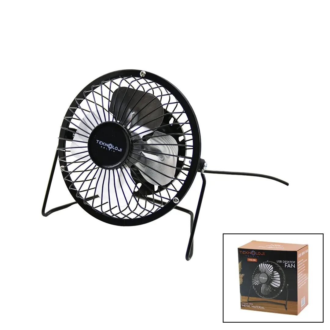 USB - MİNİ FAN METAL KASA - AYAK=360 DERECE MASA ÜSTÜ VANTİLATÖR 4-METAL PERVANE 13.5X11X15CM5V-2.5W (4745)