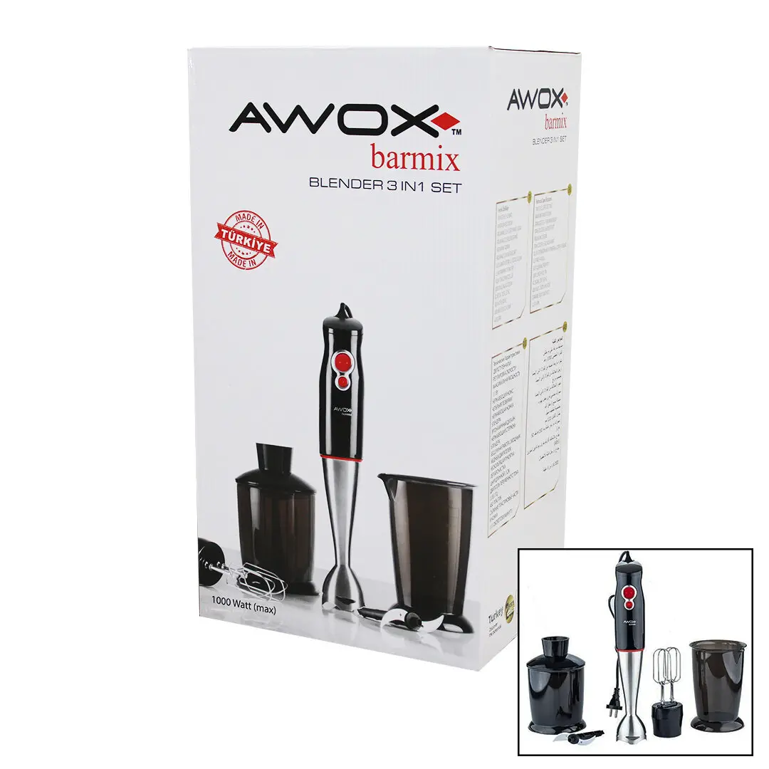 AWOX BARMİX  3İN1  BLENDER SETİ  ÇELİK 2Lİ MİKSER   ÇELİK RONDO BIÇAK   ÇELİK 4 KANATLI BIÇAK   1000W (4745)