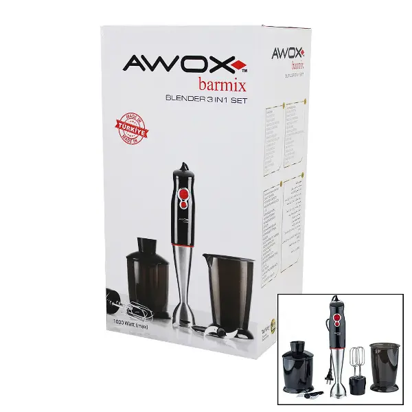 AWOX BARMİX  3İN1  BLENDER SETİ  ÇELİK 2Lİ MİKSER   ÇELİK RONDO BIÇAK   ÇELİK 4 KANATLI BIÇAK   1000W (4745)