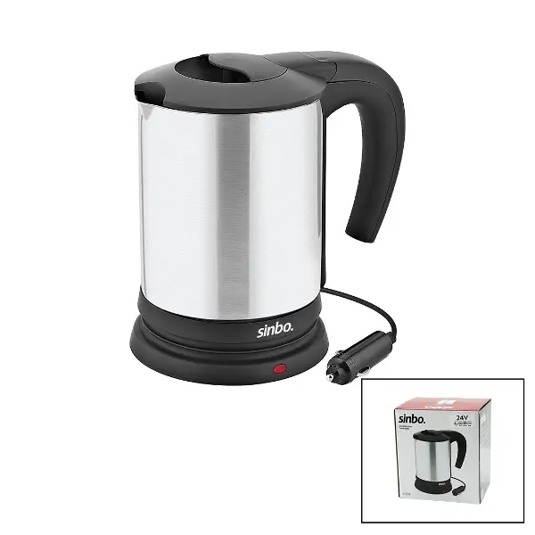SİNBO SK-8034 24V ARAÇ İÇİ KETTLE PASLANMAZ ÇELİK SU ISITICISI 0.8LT 200W ÇAKMAKLIK FİŞLİ PLASTİK KAPAK - KULP (4745)