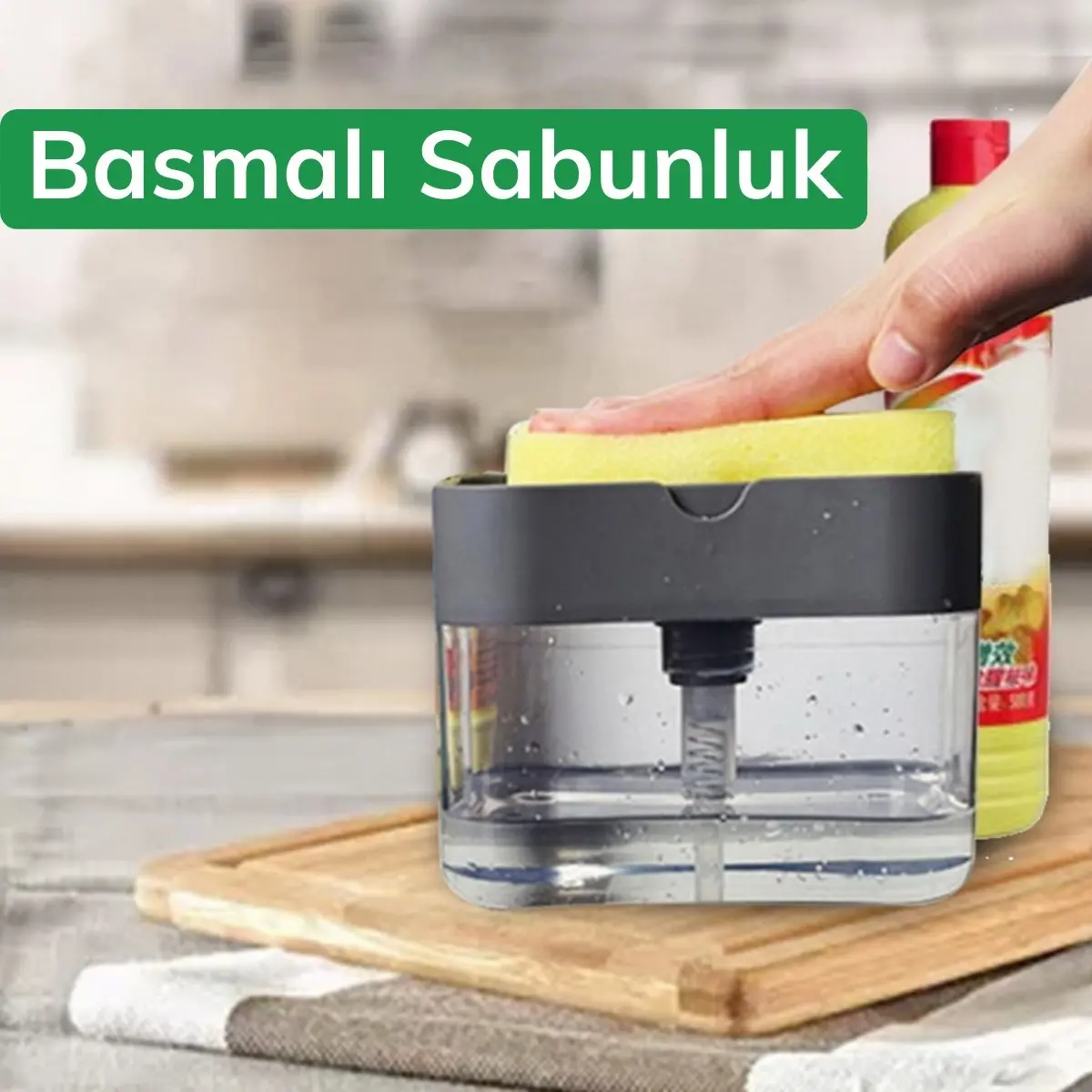İkisi Bir Arada Basmalı Pratik Sıvı Sabunluk Pompası ve Bulaşık Yıkama Süngeri Haznesi (4745)-5