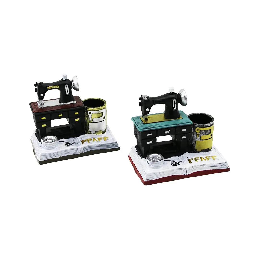 DİKİŞ MAKİNE VİNTAGE DEKORATİF BİBLO - RENKLİ KALEMLİK 12X13.5X9CM REÇİNE (4745)