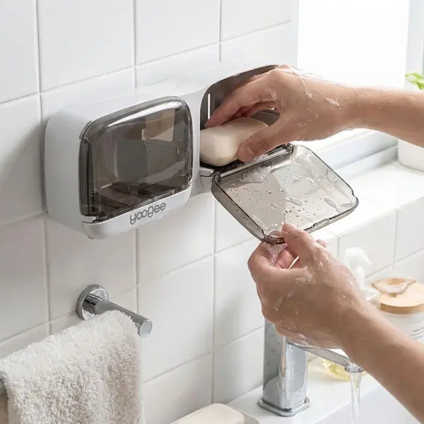 Duvara Monte İkili Kapaklı Plastik Katı Sabunluk Organizer – Banyo & Mutfak İçin Yapışkanlı Sabun Kutusu ve Düzenleyici (4745)