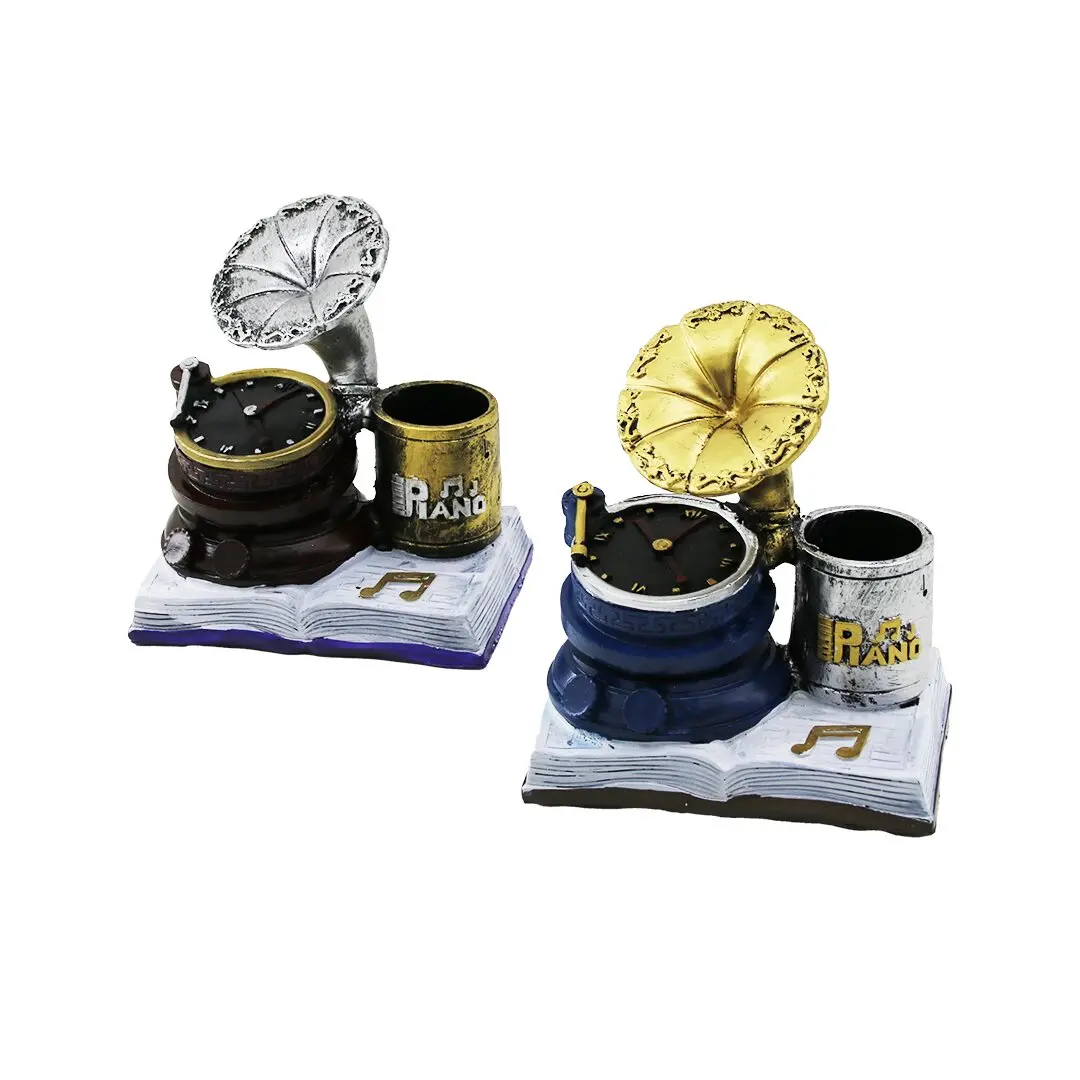 SAAT - GRAMAFON VİNTAGE DEKORATİF BİBLO - RENKLİ KALEMLİK 13X12X8.5CM REÇİNE (4745)