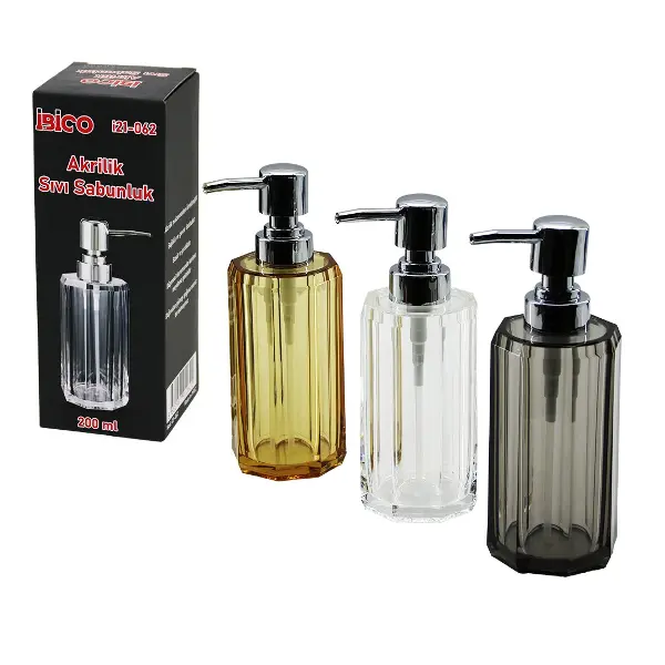 UZUN SEKİZGEN ŞEFFAF - RENKLİ AKRİLİK - MİKA KRİSTAL SIVI SABUNLUK 200ML (4745)