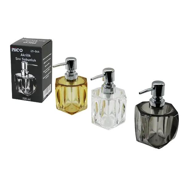 TOMBUL KARE - 4-KALPLİ GÖVDE  ŞEFFAF - RENKLİ   AKRİLİK - MİKA KRİSTAL  SIVI SABUNLUK  220ML (4745)