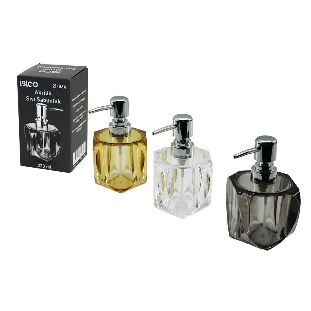 TOMBUL KARE - 4-KALPLİ GÖVDE ŞEFFAF - RENKLİ AKRİLİK - MİKA KRİSTAL SIVI SABUNLUK 220ML (4745)