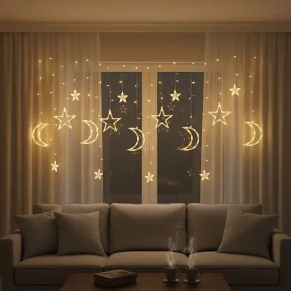 Ay ve Yıldız Figürlü Kumandalı 12 Sarkıtlı 120 LED Dekor Işık – Dekoratif Ortam ve Masaüstü Aydınlatması (4745)