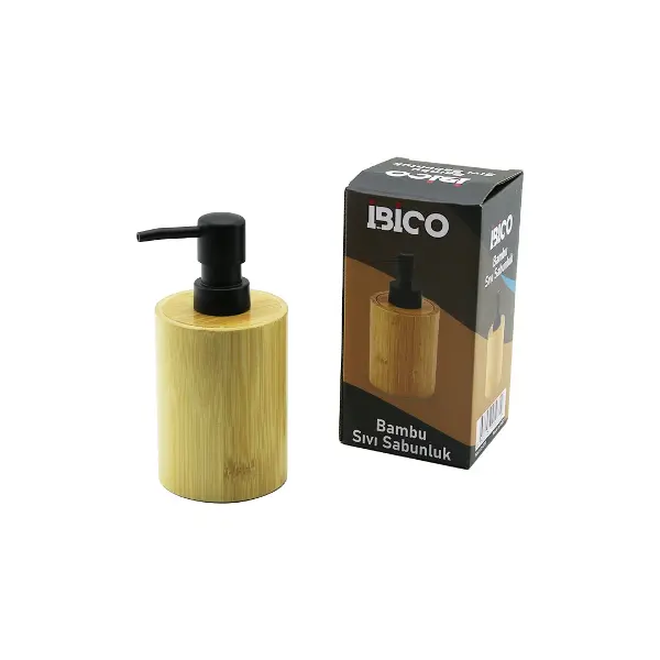 YUVARLAK AHŞAP BAMBU SIVI SABUNLUK SİYAH PLASTİK POMPA  ÇAP: 8CM - Y: 11CM (4745)