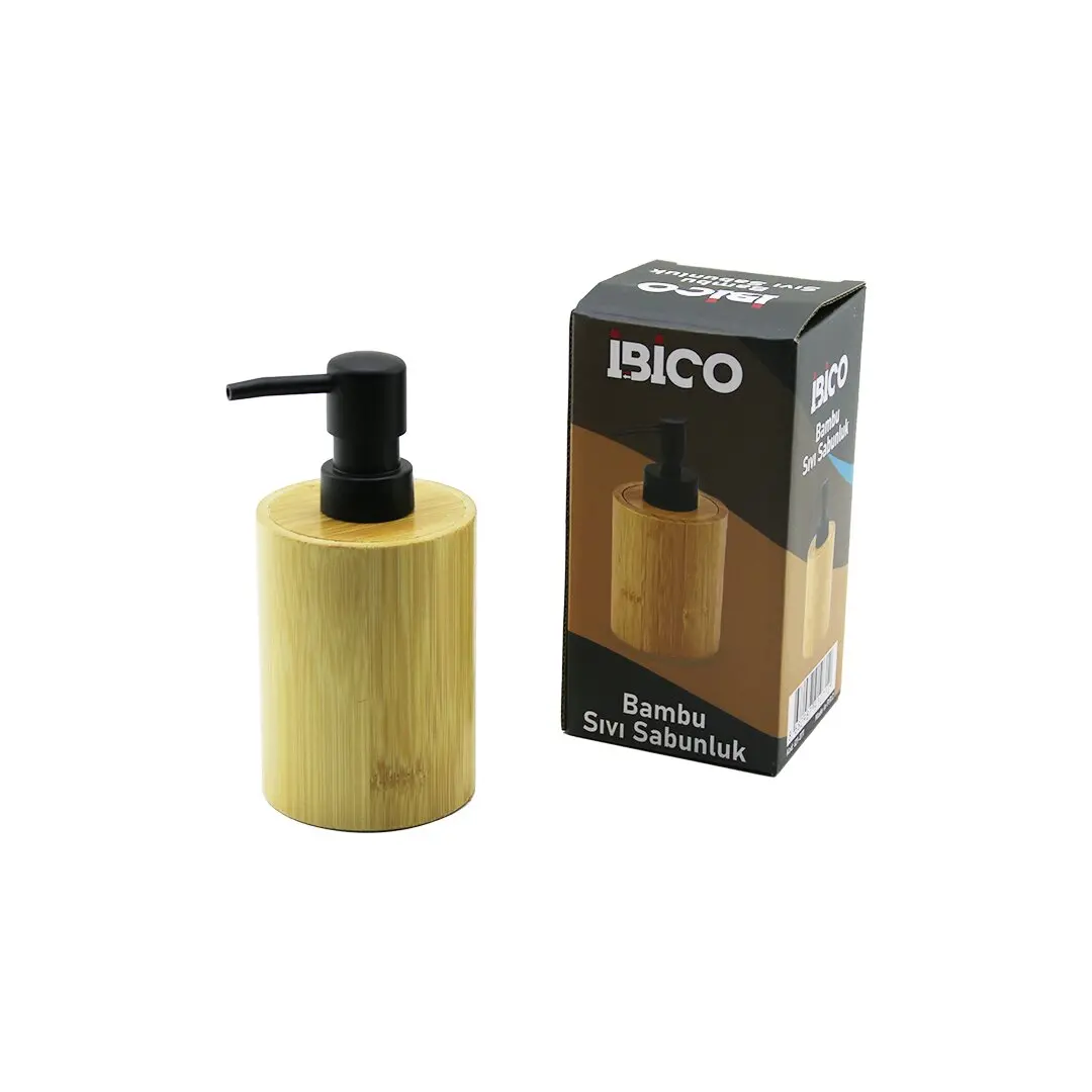 YUVARLAK AHŞAP BAMBU SIVI SABUNLUK SİYAH PLASTİK POMPA ÇAP: 8CM - Y: 11CM (4745)