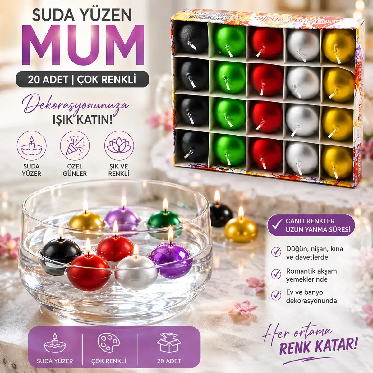 20PCS SUDA YÜZEN MUM BEYAZ - RENKLİ (4745)-2 20PCS SUDA YÜZEN MUM BEYAZ - RENKLİ (4745)-2