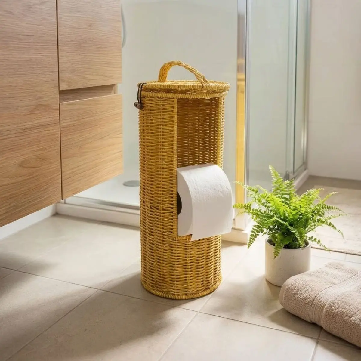 Askılı Plastik Rattan Tuvalet Kâğıdı Standı – Hasır Görünümlü, Kapaklı, Yedekli WC Kâğıtlık, Banyo ve Tuvalet İçin Dekoratif Organizer (4745)-2