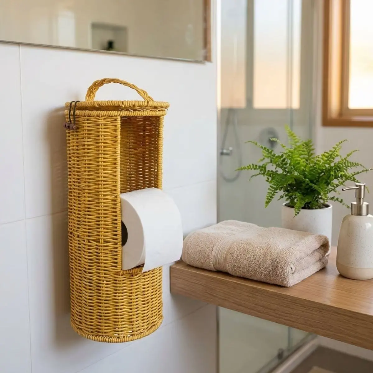 Askılı Plastik Rattan Tuvalet Kâğıdı Standı – Hasır Görünümlü, Kapaklı, Yedekli WC Kâğıtlık, Banyo ve Tuvalet İçin Dekoratif Organizer (4745)-4