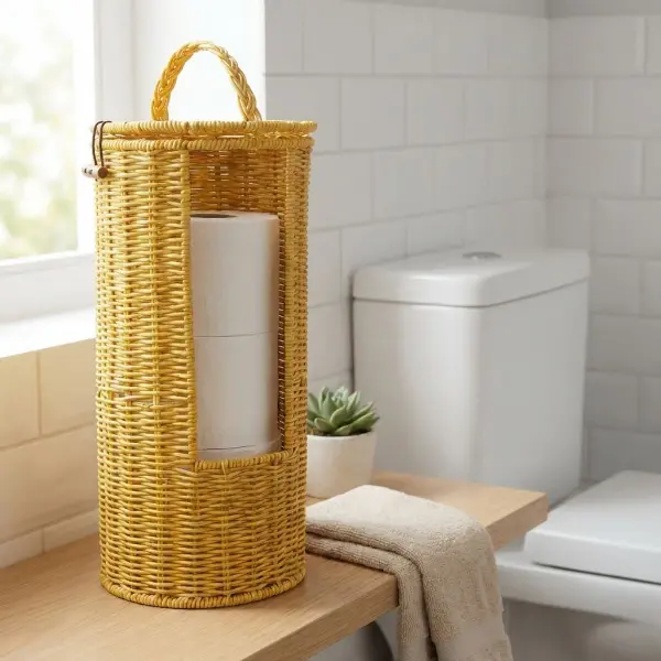 Askılı Plastik Rattan Tuvalet Kâğıdı Standı – Hasır Görünümlü, Kapaklı, Yedekli WC Kâğıtlık, Banyo ve Tuvalet İçin Dekoratif Organizer (4745)