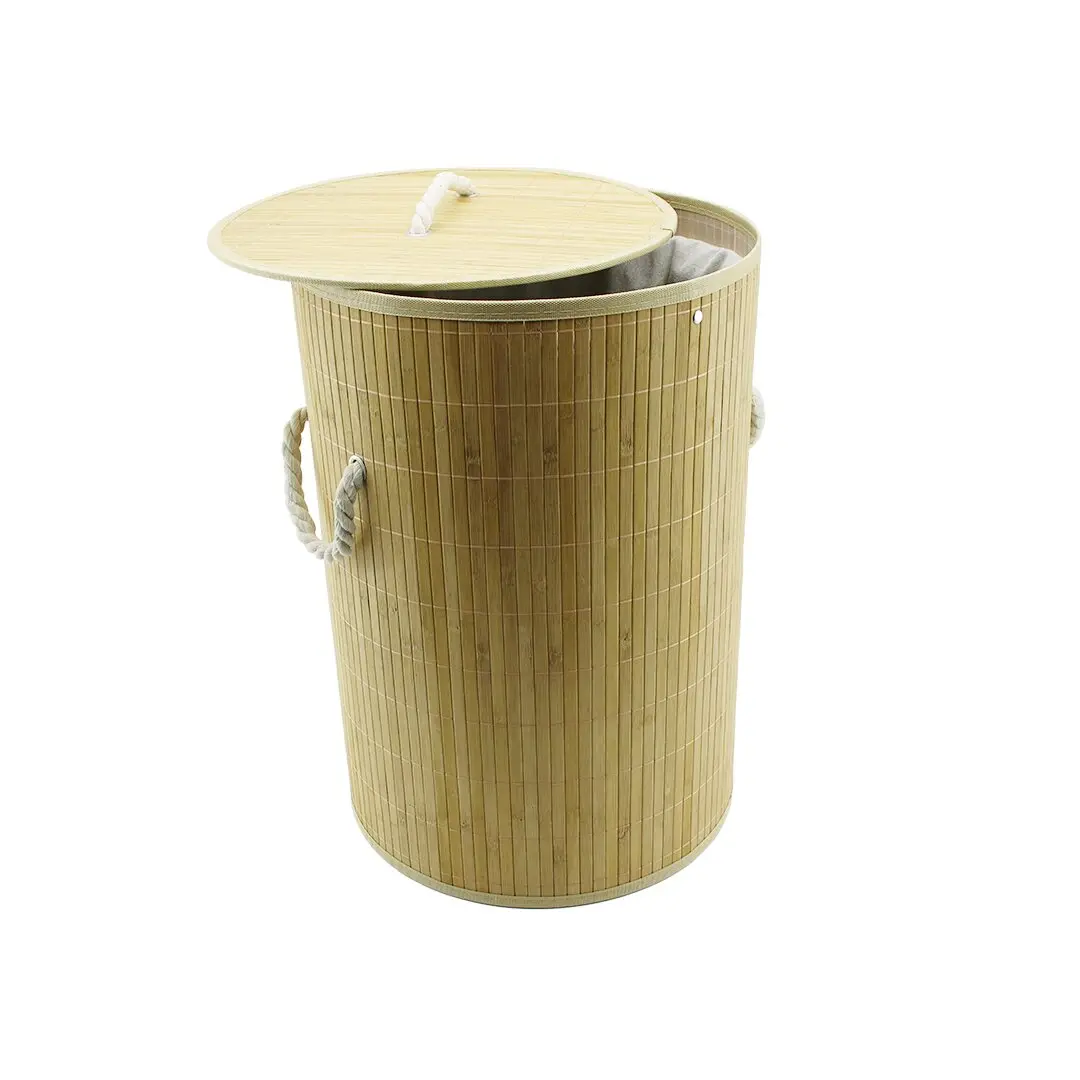 YUVARLAK BAMBU AHŞAP KİRLİ ÇAMAŞIR SEPETİ 35X60CM SEYYAR KAPAKLI İÇİ BEZLİ İP KULPLU (4745)