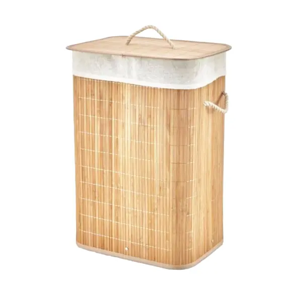 DİKDÖRTGEN BAMBU AHŞAP KİRLİ ÇAMAŞIR SEPETİ 40X30X60CM SEYYAR KAPAKLI İÇİ BEZLİ İP KULPLU (4745)
