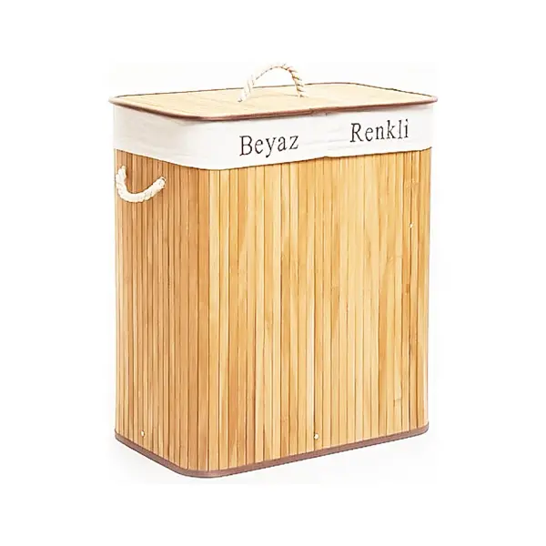 DİKDÖRTGEN İKİ BÖLMELİ İÇ BEZ BAMBU AHŞAP KİRLİ ÇAMAŞIR SEPETİ İP KULP 52X32X62CM (4745)