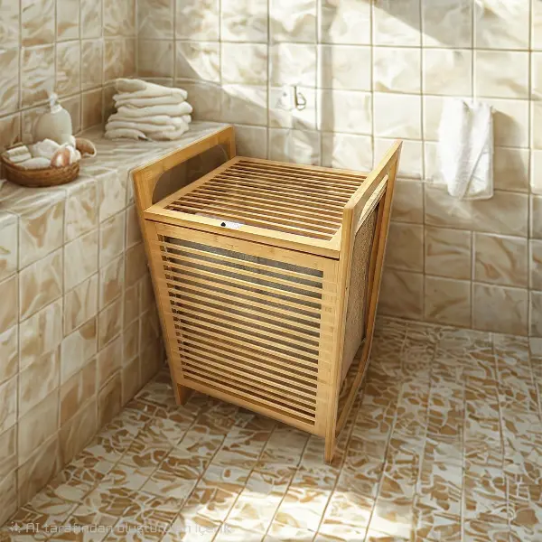 AHŞAP BAMBU KİRLİ ÇAMAŞIR SEPET KUMAŞ ÇANTALI SEPET=40X35X60CM (4745)