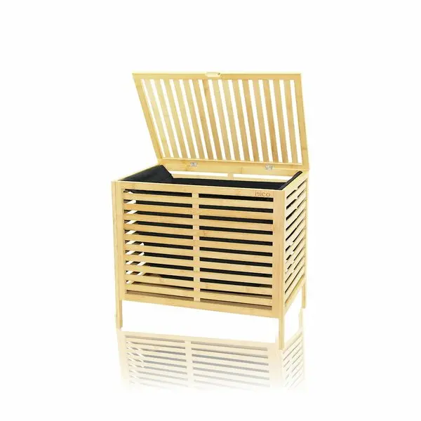 KALIN AHŞAP BAMBU KİRLİ ÇAMAŞIR SEPETİ SİYAH KUMAŞ ÇANTALI SEPET=50X38X55CM (4745)