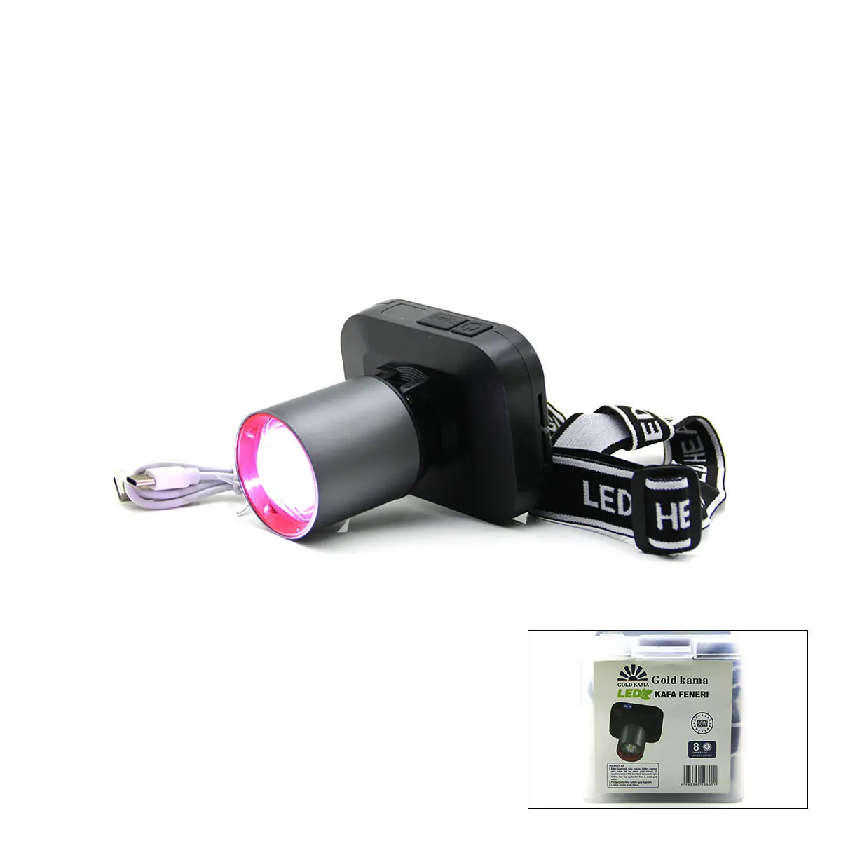 ŞARJLI 50W KAFA LAMBASI FENER 1 LED USB - TYPE-C DİJİTAL KADEME IŞIK AYARI - FLAŞÖR (4745)