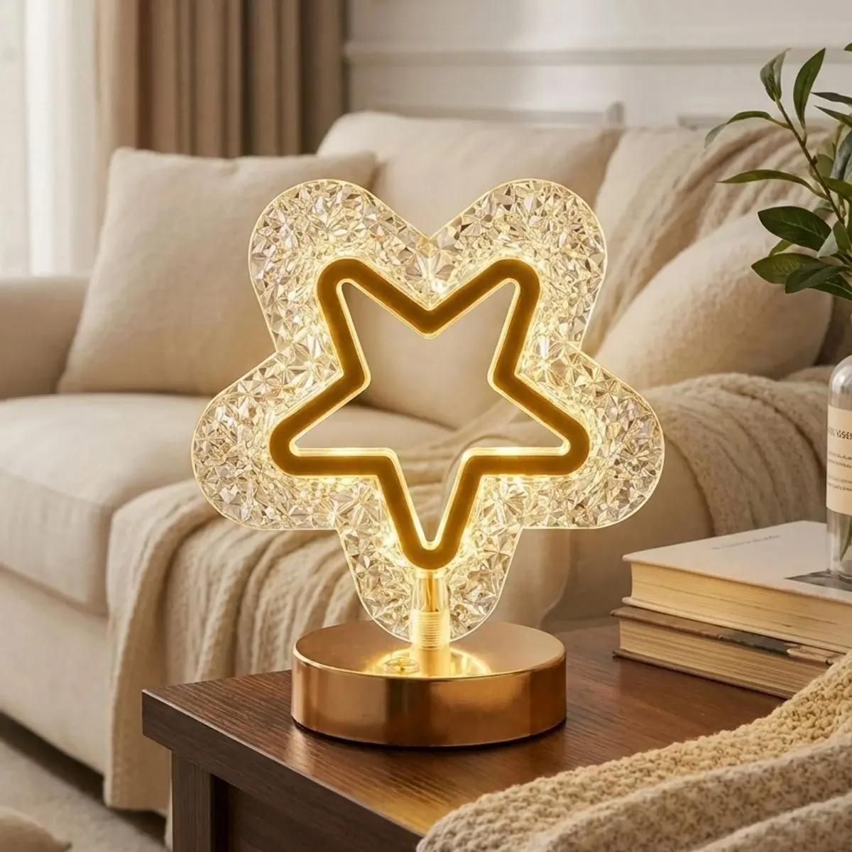 İçi Boş Yıldız Şeklinde Kristal LED Masa Lambası – Dokunmatik, 3 Renk Işık Modlu, Şarjlı Mini Dekoratif Gece Lambası (4745)