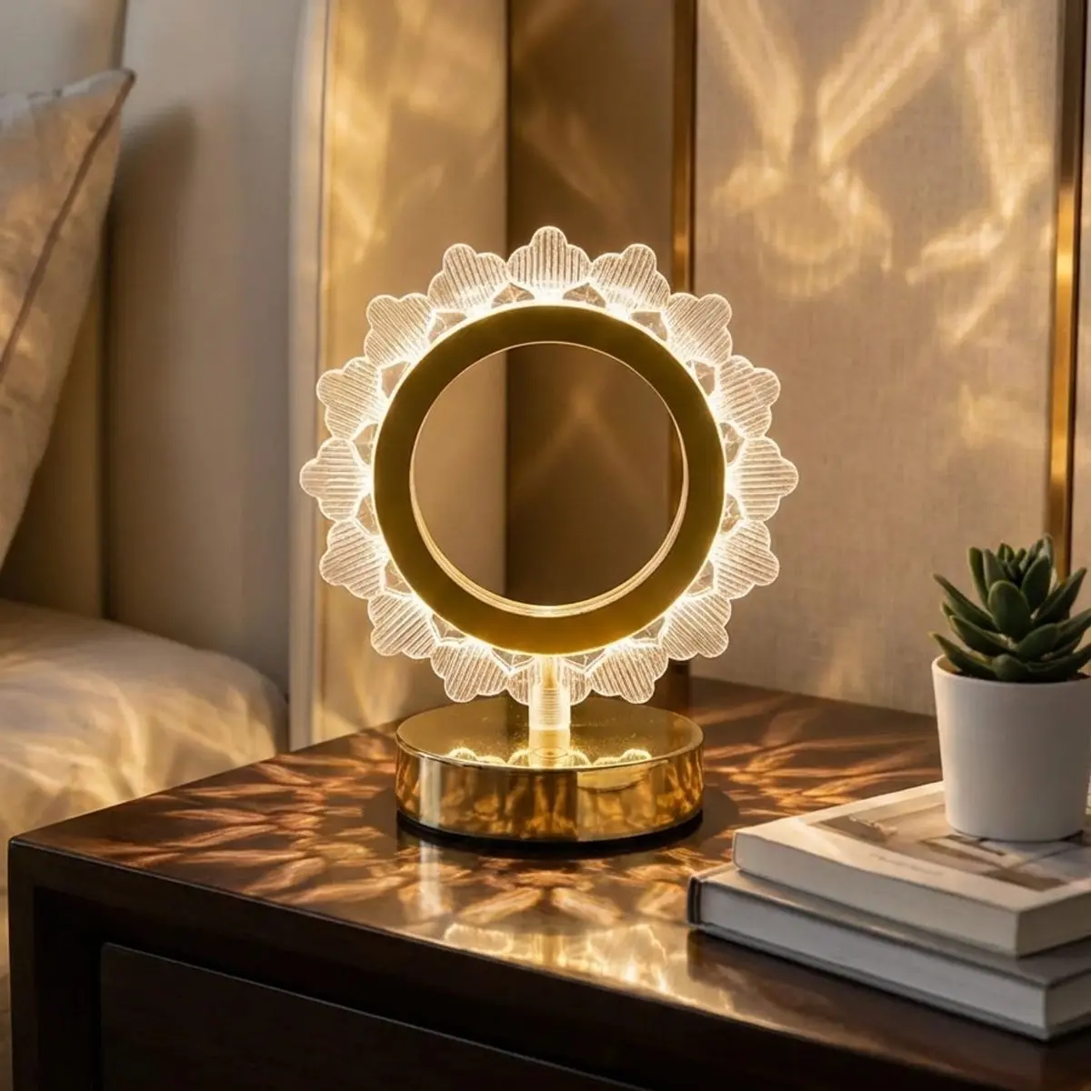 Güneş Şeklinde Kristal LED Masa Lambası – Dokunmatik, 3 Renk Işık Modlu, Şarjlı Mini Dekoratif Gece Lambası (4745)-2