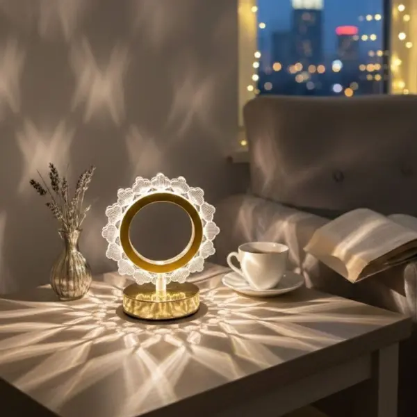 Güneş Şeklinde Kristal LED Masa Lambası – Dokunmatik, 3 Renk Işık Modlu, Şarjlı Mini Dekoratif Gece Lambası (4745)