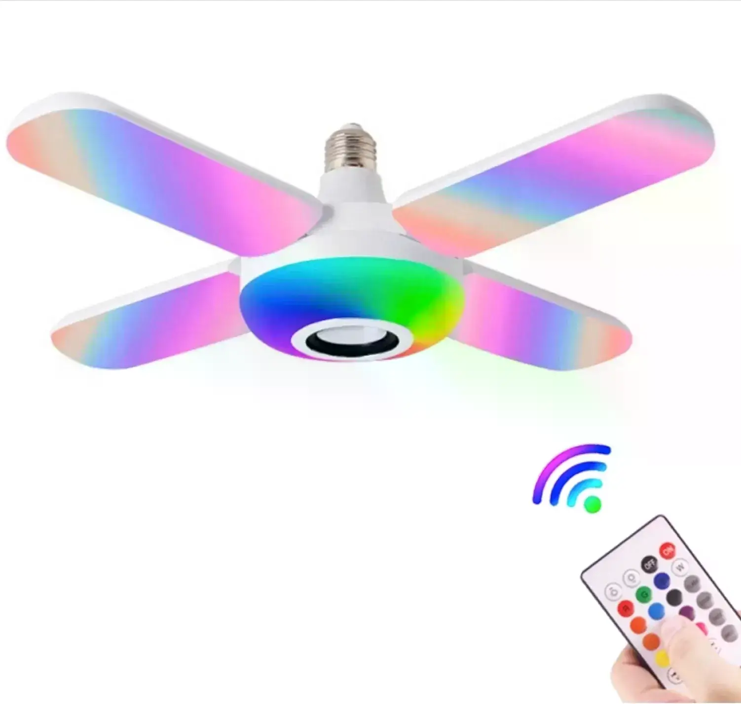 Lamba 4 Kanatlı E27 Duya Takılan Kumandalı Katlanabilir Led Müzik Lamba Işığı Avize Bluetooth Hoparlör (4745)