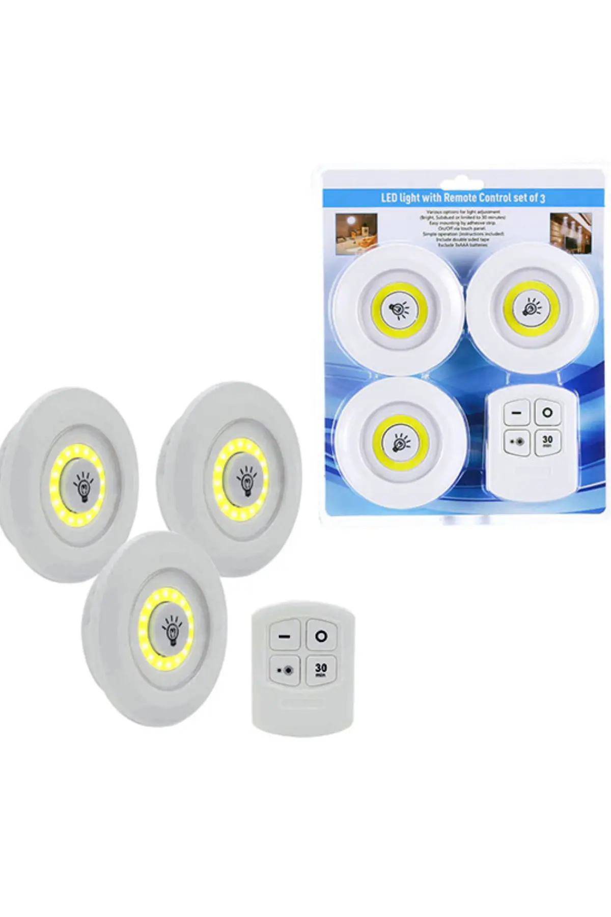 3lü Uzaktan Kumandalı Yapışkanlı Kablosuz Led Spot Lambalar (4745)
