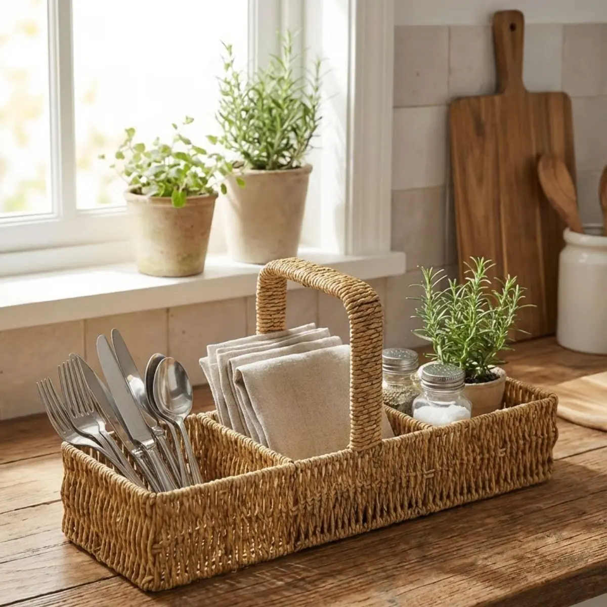 3 Bölmeli Plastik Rattan Düzenleyici–Saplı Masaüstü Organizer, Mutfak Kaşık Çatal Sepeti, Banyo &amp;amp; Ofis Çok Amaçlı Sunum Standı (4745)