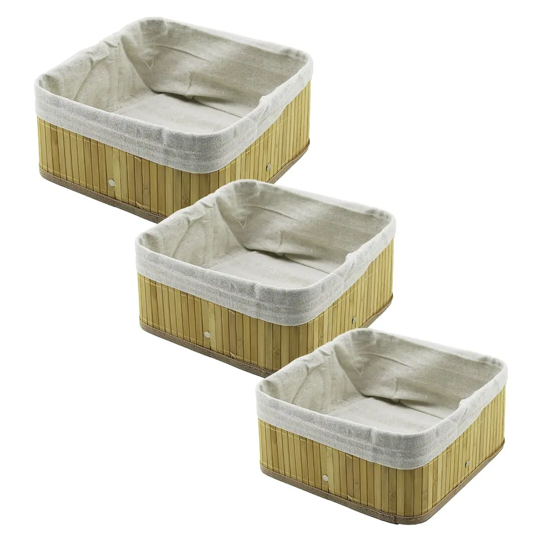 3 BOY KARE BAMBU KENAR ORGANİZER SEPET AHŞAP ALTLIK - BEZLİ 17X17-21X21-26X26CM (4745)