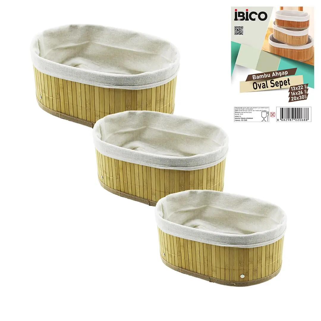 3 BOY  OVAL  BAMBU KENAR ORGANİZER SEPET AHŞAP ALTLIK - BEZLİ  13X22-16X26-20X30CM (4745)