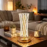 Silindirik Kristal Çizgi Model LED Masa Lambası – Gold Tabanlı, Dokunmatik, 3 Renk Işık Modlu, Şarjlı Modern Dekoratif Gece Lambası (4745)-1