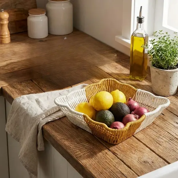 Kare Dalgalı Çift Renkli Plastik Rattan Ekmek ve Meyve Sepeti - Çok Amaçlı Banyo ve Mutfak Düzenleyici - Yıkanabilir Tezgâh Üstü Organizer (4745)