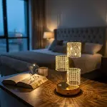 3 Parça&nbsp;Silindirik&nbsp;Kristal Ekose Kareli LED Masa Lambası – Gold Gövdeli, Dokunmatik, 3 Kademe Işık Ayarlı Şarjlı Dekoratif Lamba (4745)-1